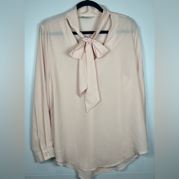 Elegant Blush Pink Sheer Long Sleeve Blouse with Bow Tie at Neckline. - Picture 1 of 8